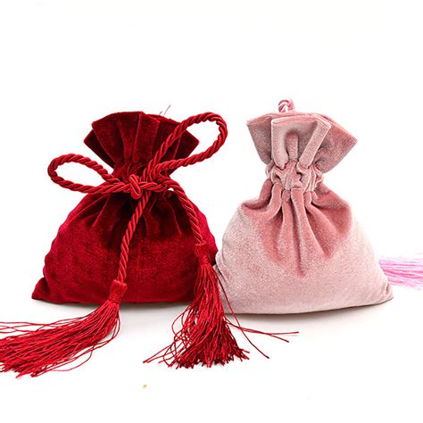 velvet drawstring bags  tassel  red pink