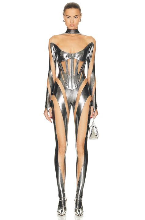Mugler Gloved Catsuit In Chrome Silver Nude 01 FWRD