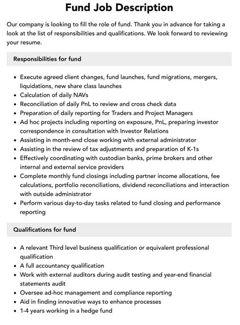 Fund Job Description Velvet Jobs