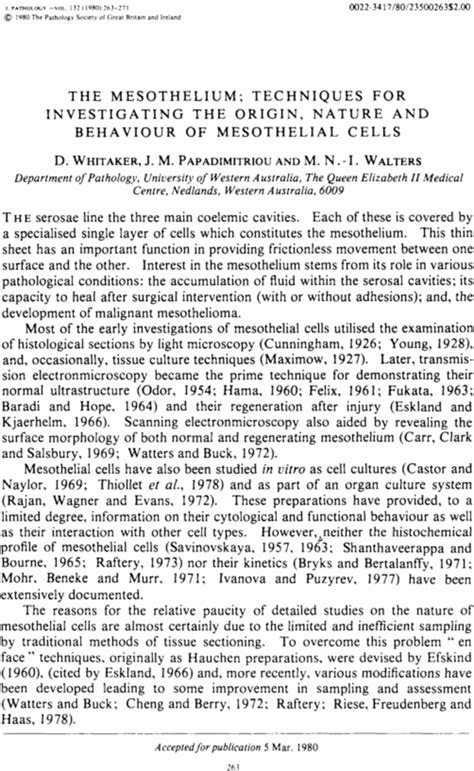 The Mesothelium Techniques For Investigating The Origin Nature And
