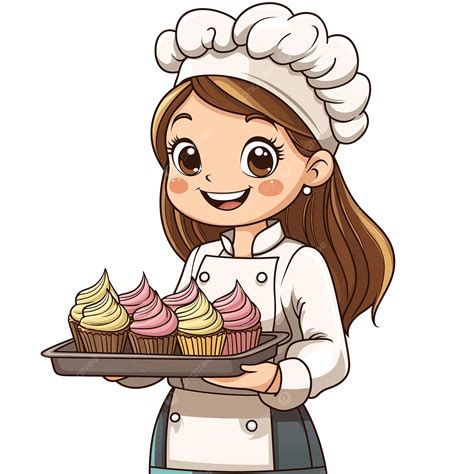 smiling female baker holding tray  cupcakes cartoon clipart girl