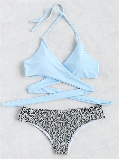 Snake Print Halter Wrap Knotted Back Bikini Set Shein Sheinside