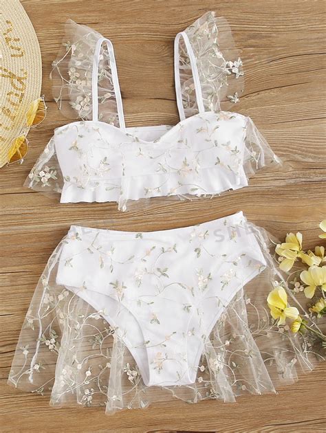 SHEIN Swim Mod Floral Embroidered Mesh Overlay Bikini Set Ruffle Hem Top High Waisted Skort 2