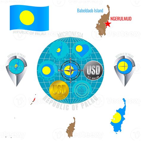 Set of illustrations of flag, outline map, icons of REPUBLIC OF PALAU
