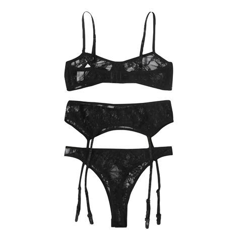25 Woman Sexy Lingerie Set Three Point Lace See Through Bra Underwear Garter Belt See Through