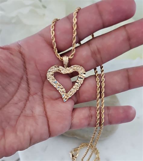 Gold Nugget Necklace Large Nugget Heart 2mm Rope Chain Gold Etsy