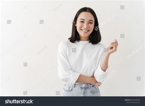 Smiling Beautiful Brunette Posing On White Stock Photo Shutterstock