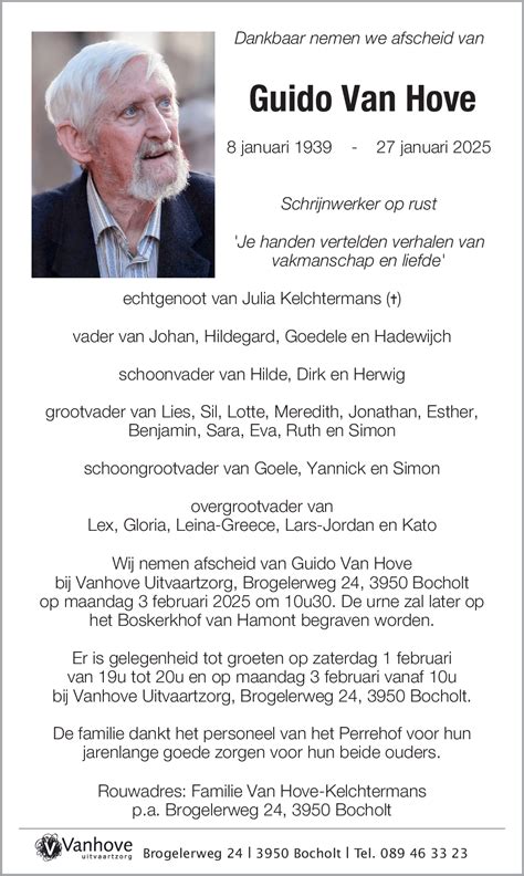 Overlijdensberichten Van Hove Westerlo
