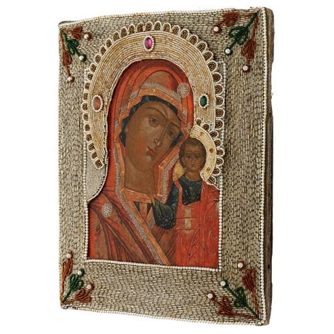 Icona Madonna Di Kazan Ricamo Onorifico Russia Dipinta Xix Sec X