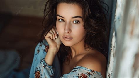 Beautiful Brunette Posing While Sitting Background Adult Alluring Attractive Background Image