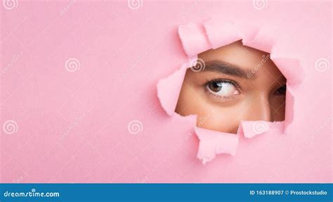 Woman With Nude Makeup Looking Through Torn Paper Stock Image Image Of Looking Cardboard