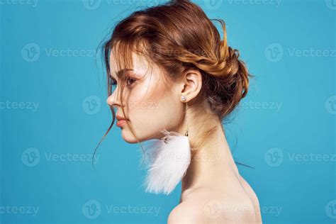Pretty Woman Naked Shoulders Earrings Jewelry Fashion Blue Background 22312121 Stock Photo At