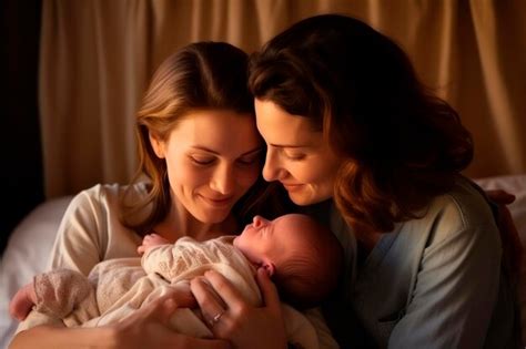 Premium Photo Two Lesbian Mothers With Their Newborn Son