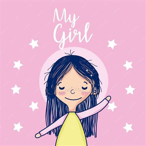 Desenho De Menina Bonita - Desenho de menina bonita com estrelas fofos | Vetor Premium