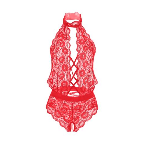 Ozmmyan Sexy Lingerie For Women Plus Size Lace Sheer Snap Crotch Pajamas Lace Teddy One Piece