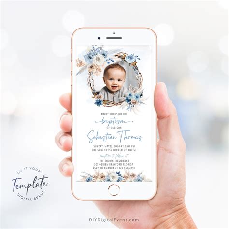 Editable Baptism Invitation Template Blue Boho Christening Etsy