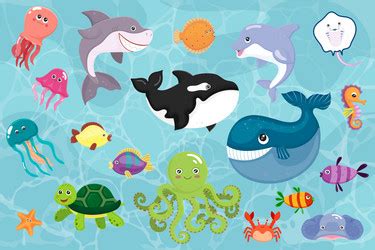 Set of ocean animals cartoon style children Vector Image