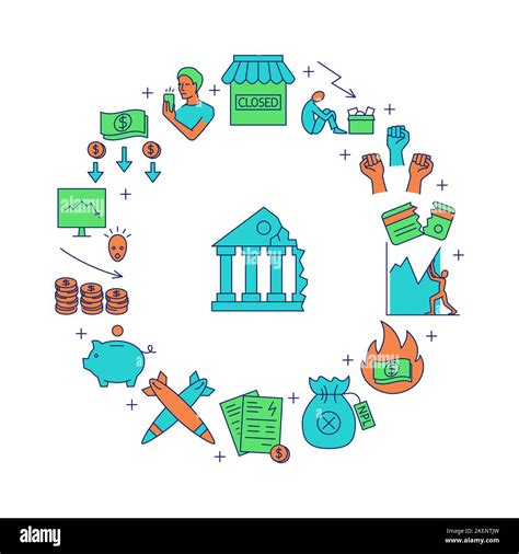 Financial crisis round poster in line style. Economics problems and ...