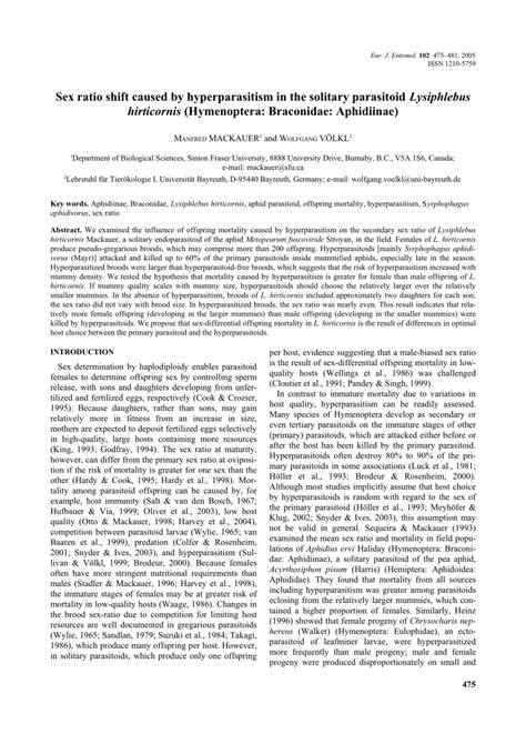PDF Sex Ratio Shift Caused By Hyperparasitism In The Solitary Parasitoid Lysiphlebus