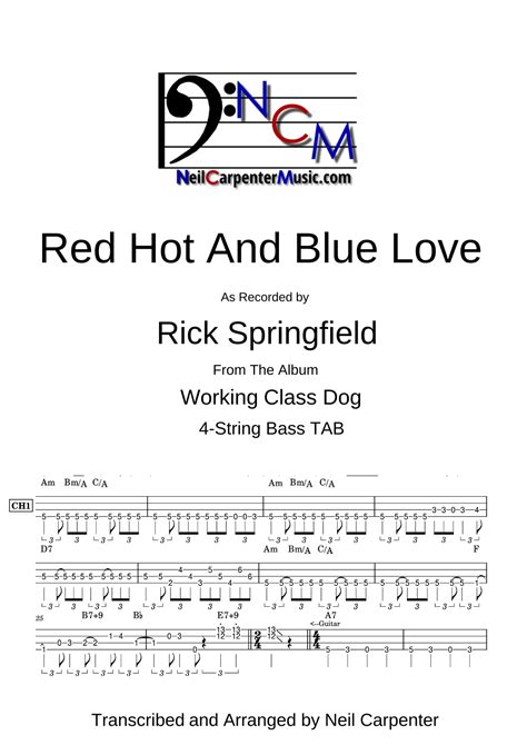 Red Hot Blue Love Arr Neil Carpenter By Rick Springfield Sheet Music For Bass Guitar Tab At