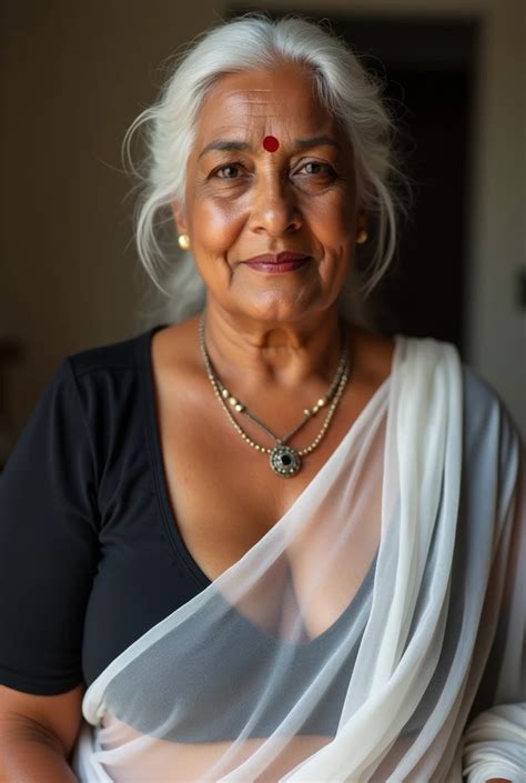 Photo Of Voluptuous Mature Indian Aunty With Dusky Skin Wearing Transparent Whi Seaart Ai