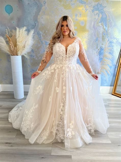 Plus Size Wedding Dresses V Neck With Long Sleeves Lace Bridal Gowns Sweep Train Ebay