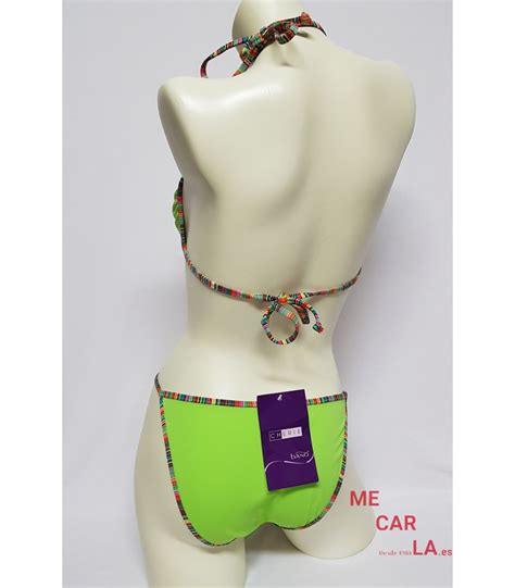 Bikini Multi Posiciones En Verde Pistacho Con Ribetes Multicolor Ch