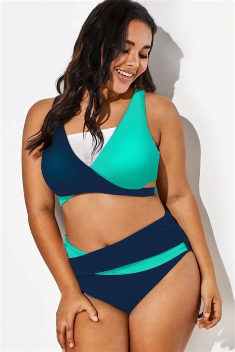 Colorblock Fashion Mesh V Neck Wrap Bikini Top Meet Curve Meet Curve
