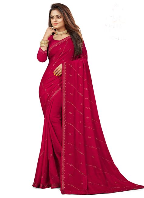 Shop Swarovski Satin Hot Pink Saree Online
