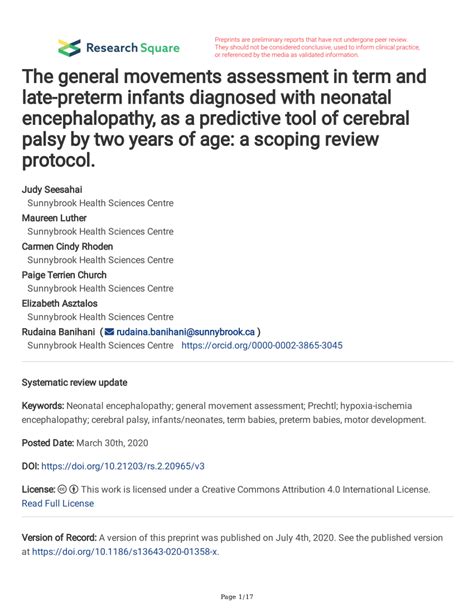 Pdf The General Movements Assessment In Term And Late Preterm Infants Diagnosed With Neonatal