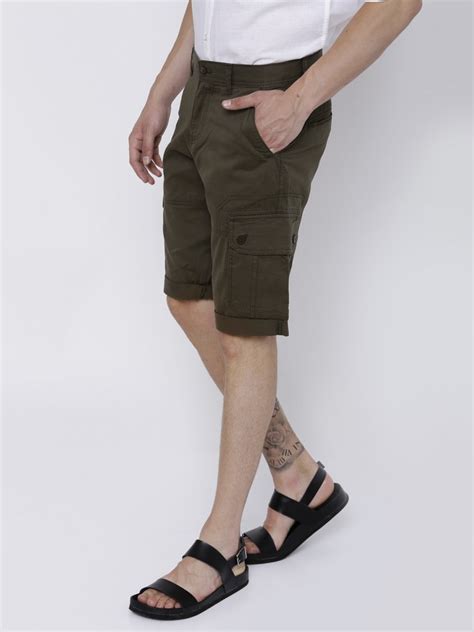 Buy Locomotive Locomotive Olive Green Solid Slim Fit Cargo Shorts For