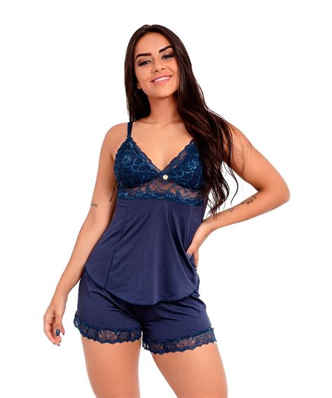 Pijama Short Doll Baby Doll Imi Lingerie Microfibra E Renda Hope Azul Marinho Compre Agora