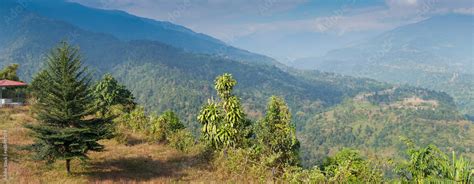 Beautiful scenic panoramic image of India Bhutan border at Jhalong , Dooars - West Bengal ...