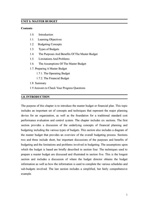 Cost And Management Accounting Chapter Unit I Master Budgetunit