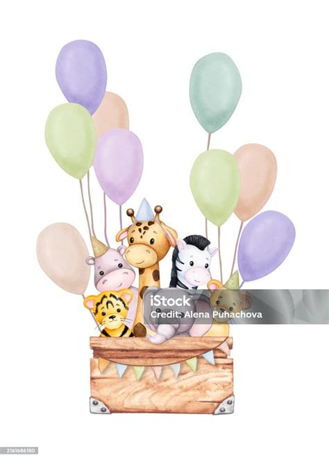 Cute Animals In A Box Kids Toys Set Of Watercolor Illustrations On The