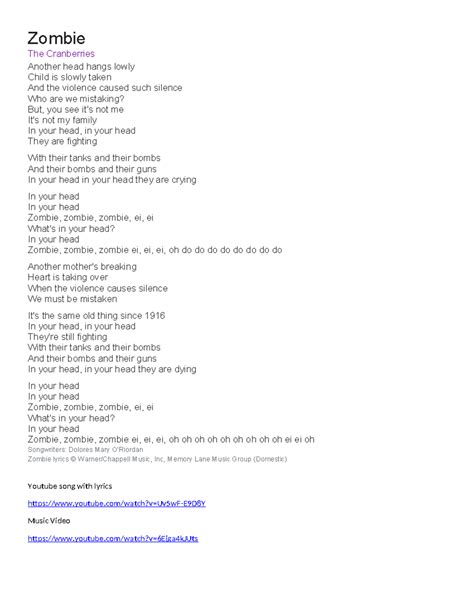 Zombie Lyrics - Zombie The Cranberries Another head hangs lowly Child
