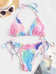 ZAFUL Tie Dye Lettuce Trim Ribbed Convertible Bikini Swimwear In MULTI ZAFUL 2025