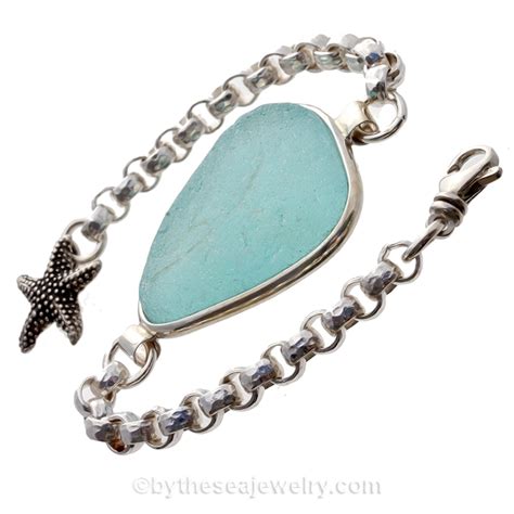 Huge Vivid Aqua Sea Glass Id Bracelet Set In Our Premium Deluxe Wire Bezel© Solid Sterling Silver