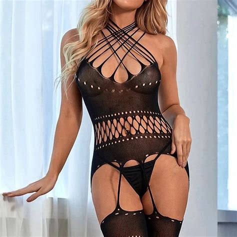 Custom Sexy Black Body Stocking Lingerie Crotchless Sex Onesie