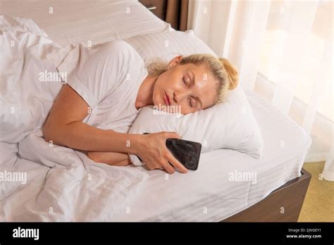Woman Sleep Mobile Blonde Phone Beautiful Bed Blanket View Morning For Female Caucasian For