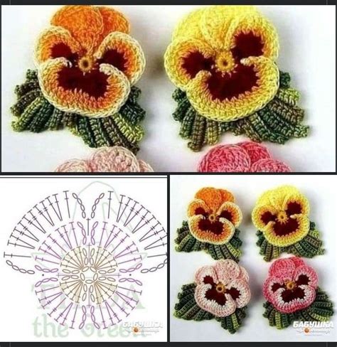 Crocheted Flowers Are Shown In Three Different Colors