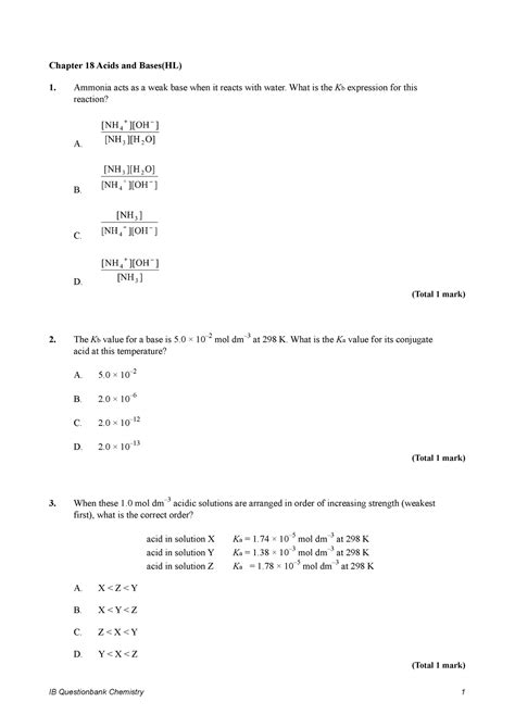 18 HL IB Acid Base Practice Quiz For Topic 8 18 Chapter 18 Acids