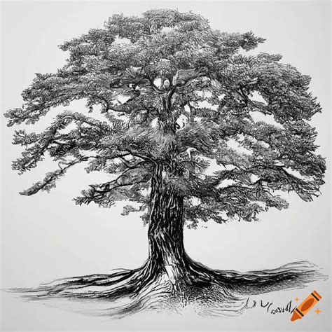 Detailed Black And White Ink Drawing Of A Large Oak Tree On Craiyon