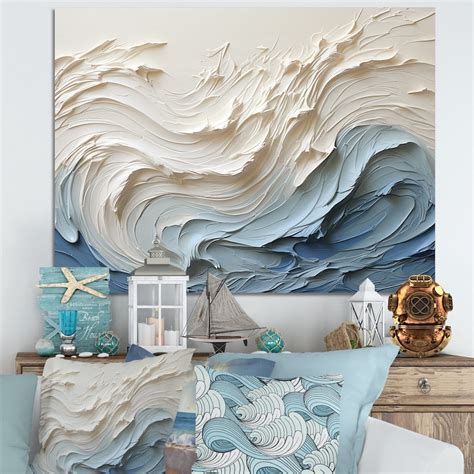 Designart White And Blue Wave Papercut Style Coastal Waves Framed