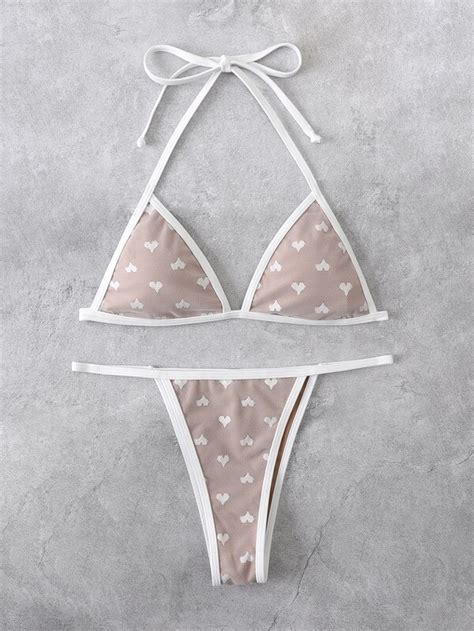Shein Swim Mod Heart Pattern Mesh Bikini Set Micro Triangle Bra Top Thong Piece Swimsuit