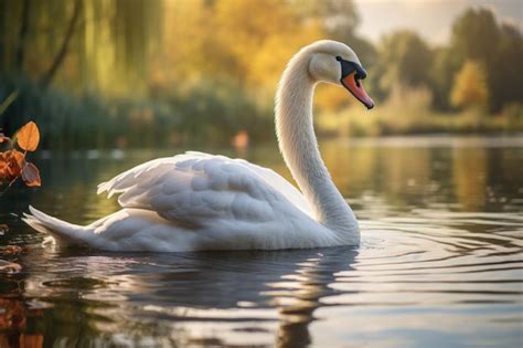 Premium Ai Image A White Swan Swimming In Water