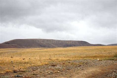 Dried Autumn Steppe With A Range Of Hills Under Thunderclouds Stock