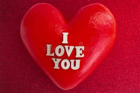 Big Red Heart With The Inscription In Wooden Letters I Love You Happy