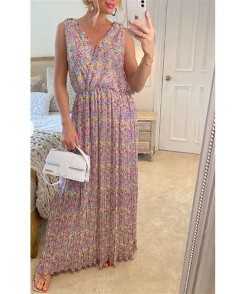 Chiffon Cross Wrap Maxi Dress Pink Floral Cylondon