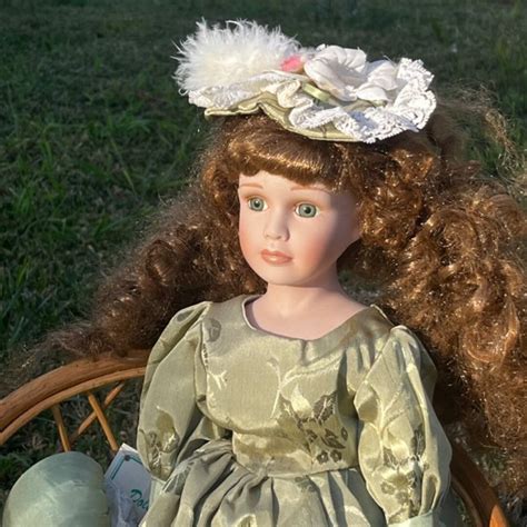 Vintage Collectable Porcelain Doll Long Brunette Curly Hair Porcelain Doll Collectable Baby